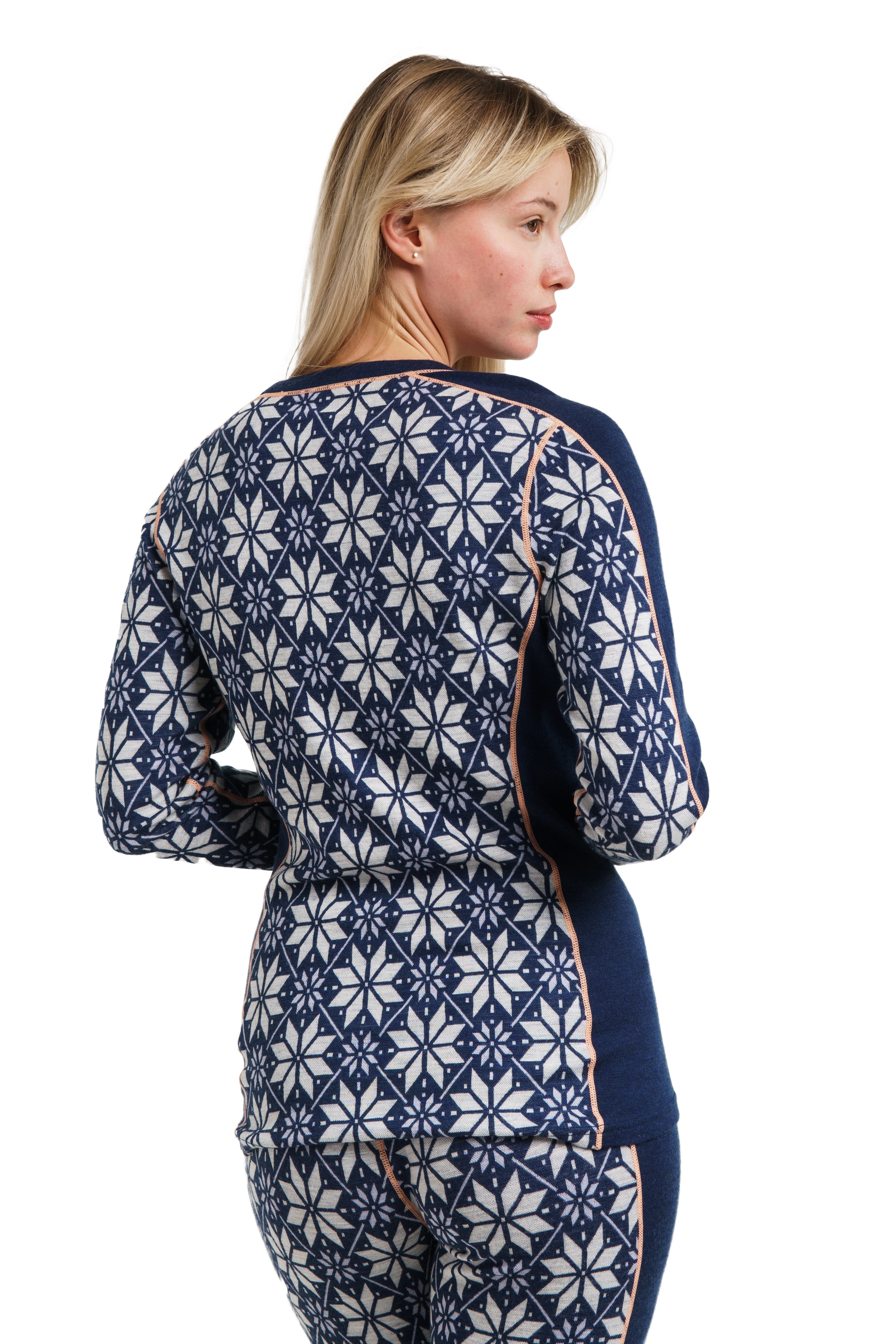 Merino Wool Long Sleeve  Snowflake Navy